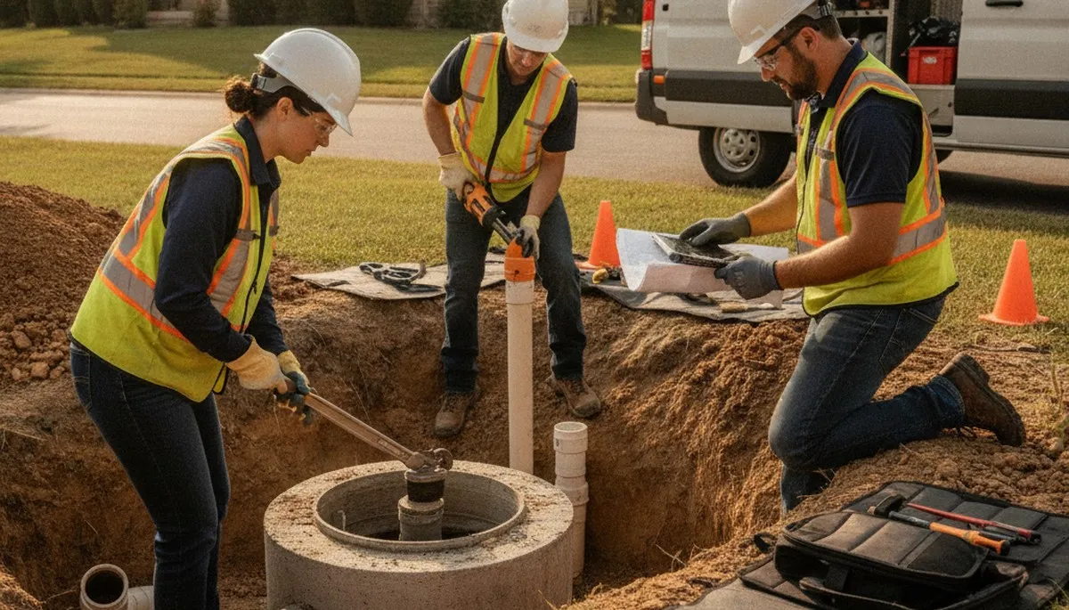 Providence, RI plumbers inspecting a septic repair system for a home service call