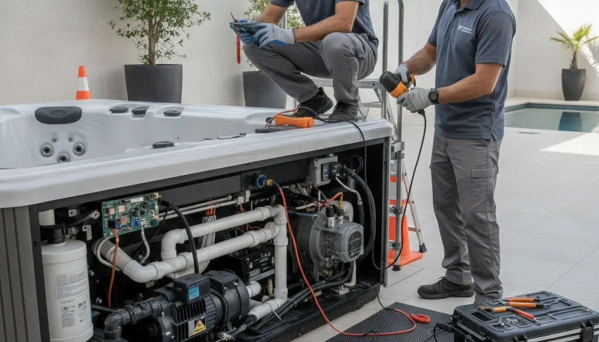 Providence, RI plumbers repairing a spa to keep it running smoothly for home service customers