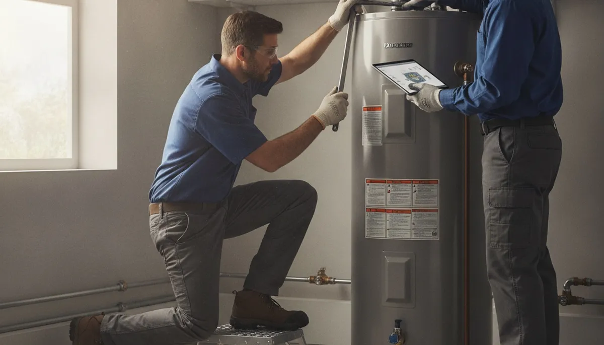 Providence, RI plumber repairing a home water heater for reliable hot water service